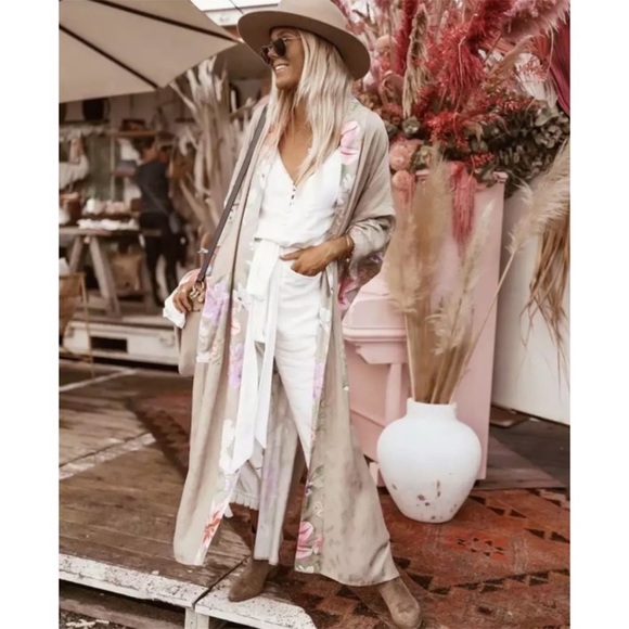 Boho Tan Floral Peacock Kimono Duster Robe Wrap - Picture 2 of 14